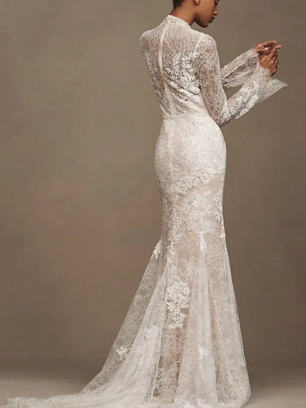 Watters Frances High-Neck Lace Sheath Wedding Gown Sz 8 - Picture 2 of 7